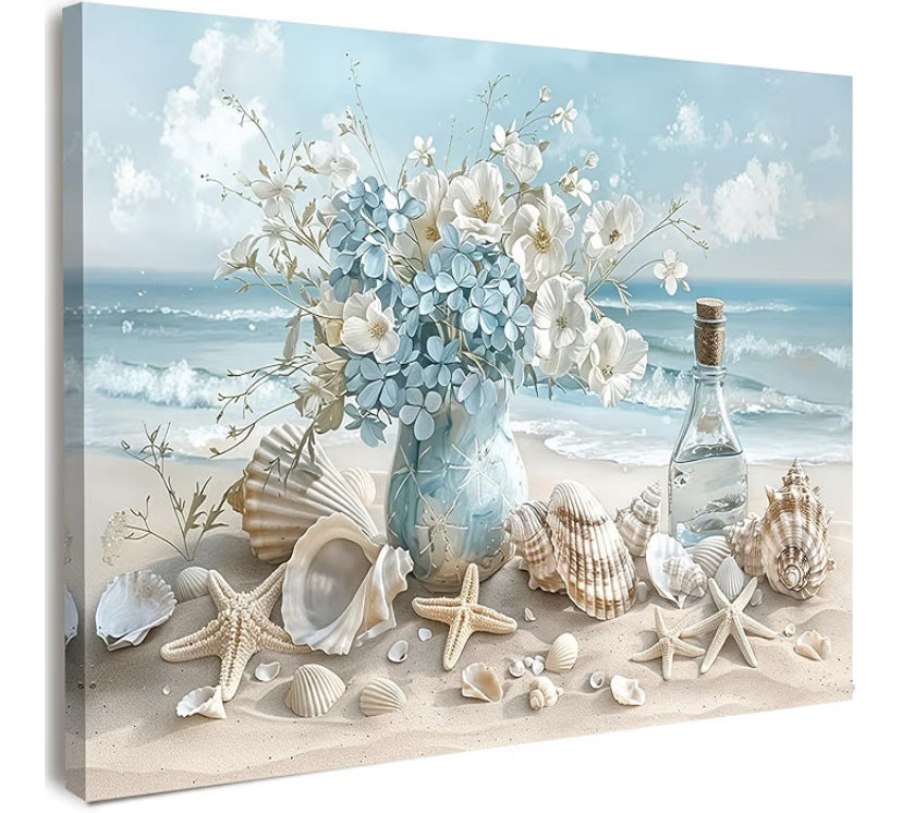 Wall Art Coastal Canvas Wall Print with Pre-Mounted Frame and Hanging Hooks Beach Style Bedroom or Living Room Decor Framed Picture with Seashells and Flowers for Hallway or Staircase 12×16 in