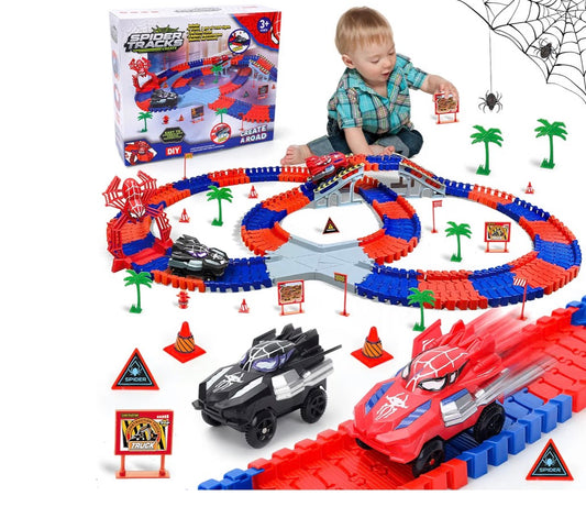 Spider Construction Race Track Set: STEM Building Toys for Kids Ages 3-9 Car Track with Superhero Cars Outdoor Toddler Toys for Boys Girls Birthday Gifts Toy for 3 4 5 6 Year Old Boy Gifts(212PCS)