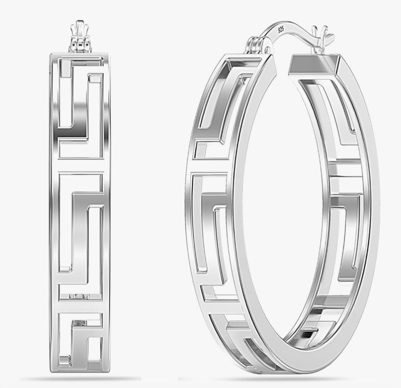 LeCalla 925 Sterling Silver Greek Key Hoop Earrings Lightweight Click-Top Greek Wall Cut-Out Pattern Earring Hoops for Women