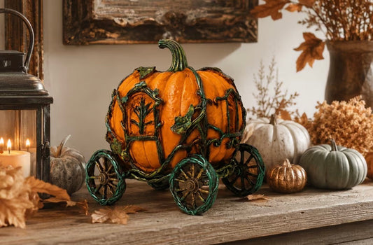 Halloween Pumpkin Carriage Resin Decor, Vintage Rust Finish Pumpkin Wagon Figurine