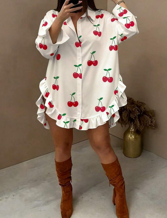 Plus Size Women Cherry Print Curved Hem Ruffle Trim Long Sleeve Blouse Valentine's Day Cherry Women Cherry
