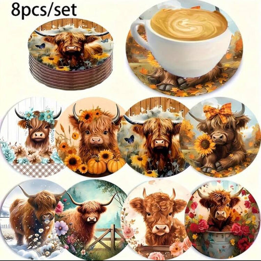 1 Set Of 8 Highland Cow Wooden Coasters - Perfect For Coffee, Tea, And Beverages - Ideal For Home Gatherings, Bars, And Office Decor - 10cm, Cow Design, Charming Decor, Valentine's Day Gifts, Kitchen Decor, Kitchen Accessories, Table Decor - Available In