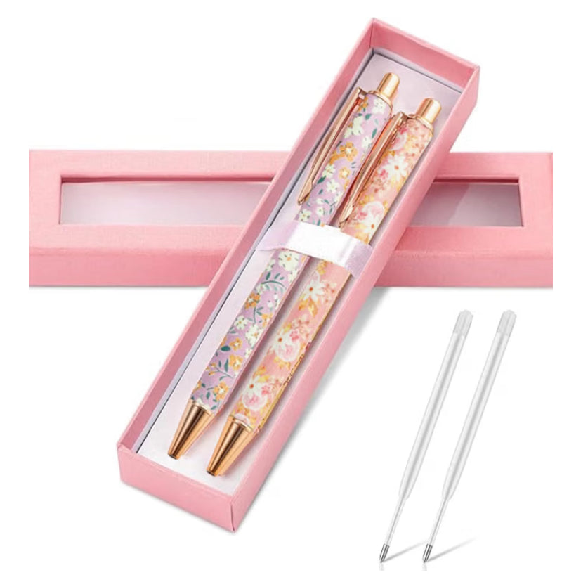 Floral Pens Gift Set for Women - 2 Daisy Ballpoint Pens with Gift Box & 2 Refills