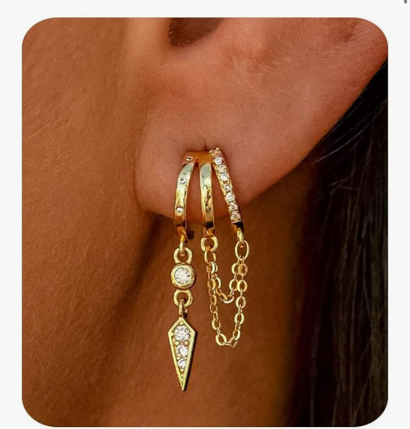 Small Hoop Huggie Drop Stud Earrings Cubic Zirconia Simple Minimalist Dainty Chain Tassel Illusion Hypoallergenic Earring