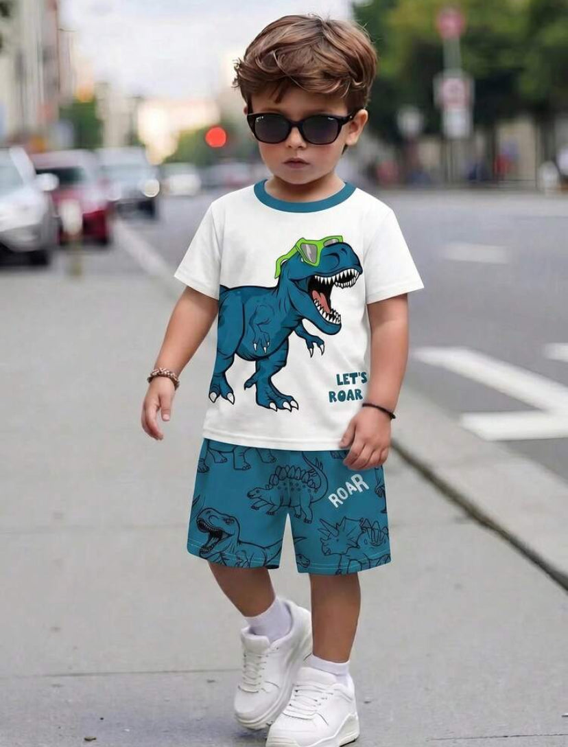 2pcs/Set Young Boy Casual Dinosaur Print Graffiti Handpainted T-Shirt And Shorts Set