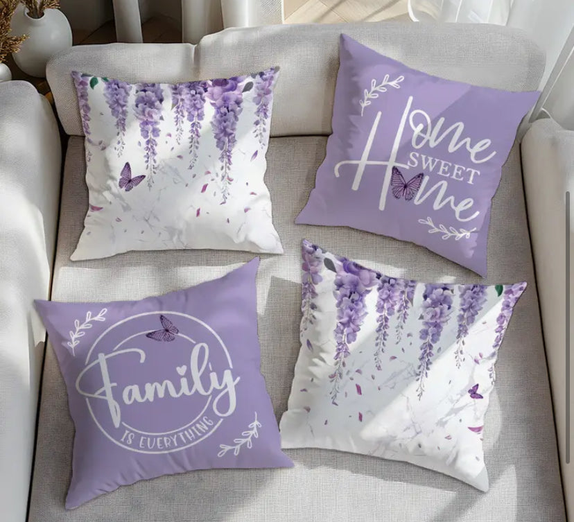 4pcs Set, Single-Sided Printed Pillowcase, Spring/Summer Purple Floral and Butterfly Sweet Home Pillowcase, 44.98 X 44.98 cm, Home Decor Pillowcase Suitable for Living Room Sofa Bedroom, Pillow Insert Not Included