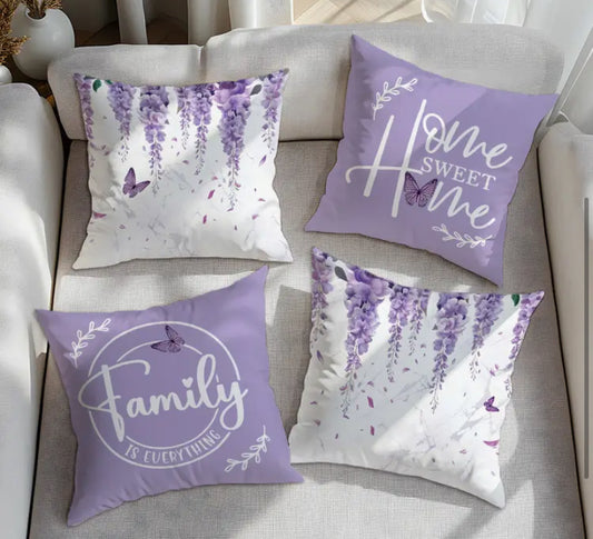 4pcs Set, Single-Sided Printed Pillowcase, Spring/Summer Purple Floral and Butterfly Sweet Home Pillowcase, 44.98 X 44.98 cm, Home Decor Pillowcase Suitable for Living Room Sofa Bedroom, Pillow Insert Not Included
