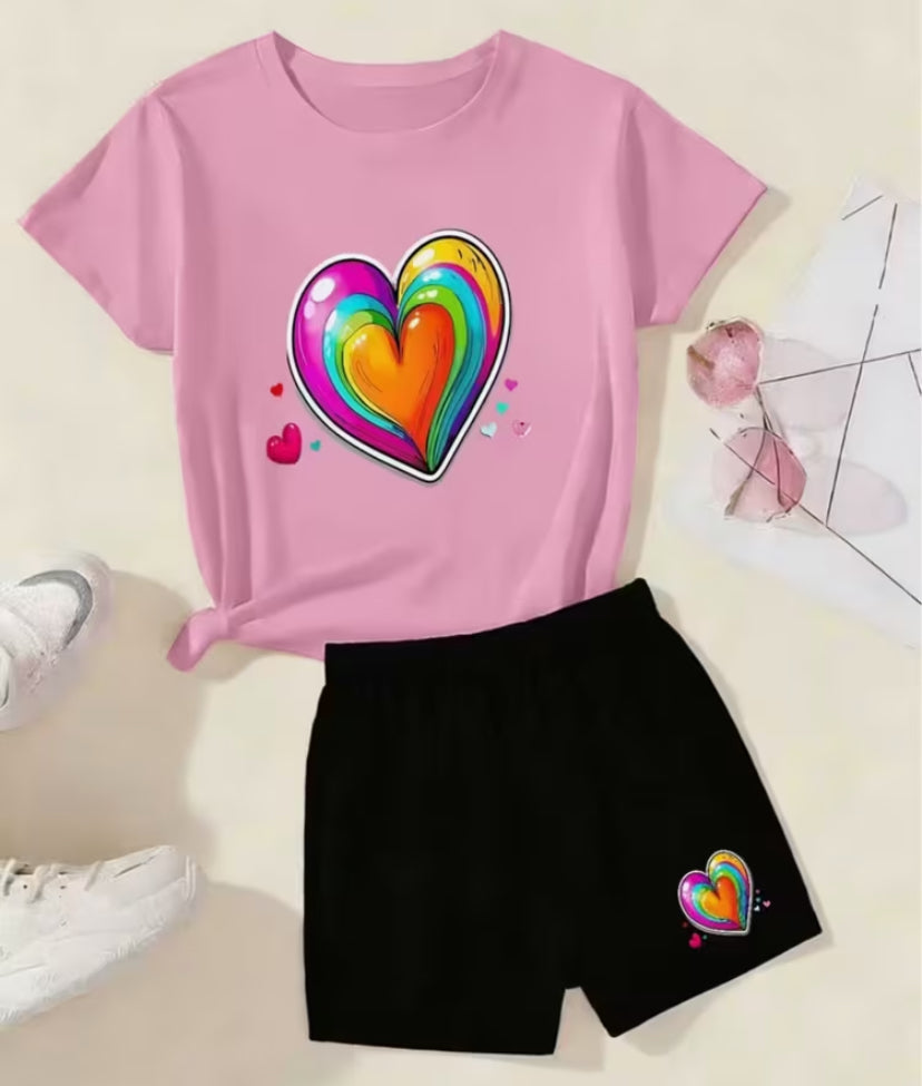 Cute Cartoon Rainbow Heart-Shaped Girls' Short Sleeve and Shorts 2pcs Set