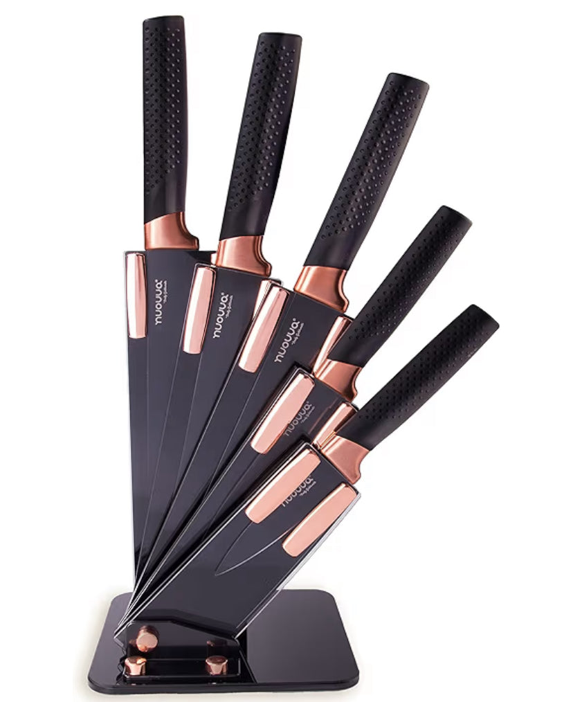 Kitchen Knife Block Set Copper 5 Piece Set with Knives Clear Acrylic Block Stainless Steel Blades