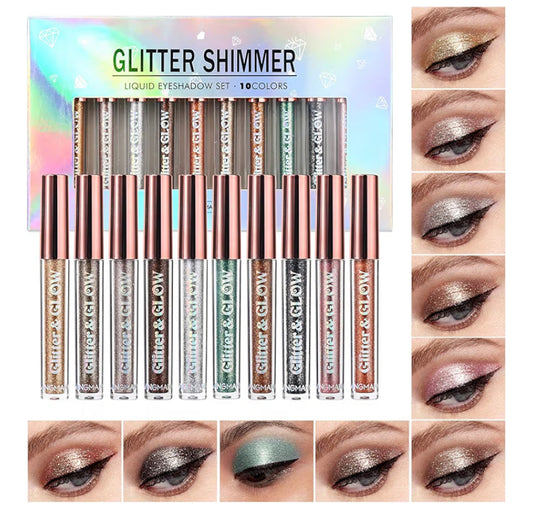 10 Pcs Liquid Glitter Eyeshadow Metallic Shimmer&Sweatproof Makeup Set, Matte Glitter Pressed All Highly Pigmented Blending Powder,Perfect For Every Woman & Girl (10pcs)
