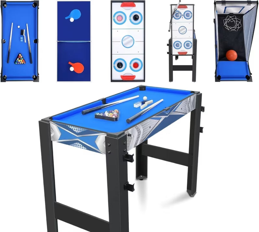 5-in-1 Multi-Functional Games Table: Table Tennis, Billiards, Archery, Air Hockey | Blue, Medium-Density Fibreboard (MDF), Dimensions 92 x 46 x 73 cm