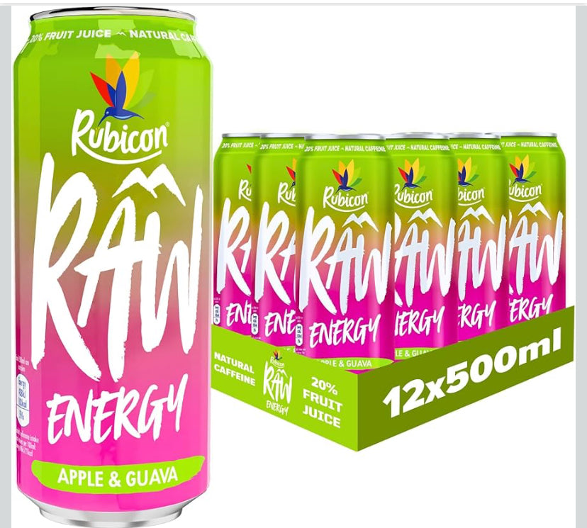 Rubicon RAW 12 Pack Raspberry & Blueberry 500ml Energy Drink, 20% Real Fruit Juice, High caffeine with B-Vitamins, Ginseng & Guarana, No Artificial Colours or Flavours, Reduce Tiredness & Boost Energy