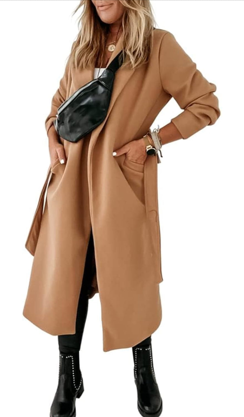Womens Classic Notched Lapel Collar Coat Open Front Belted Long Jacket