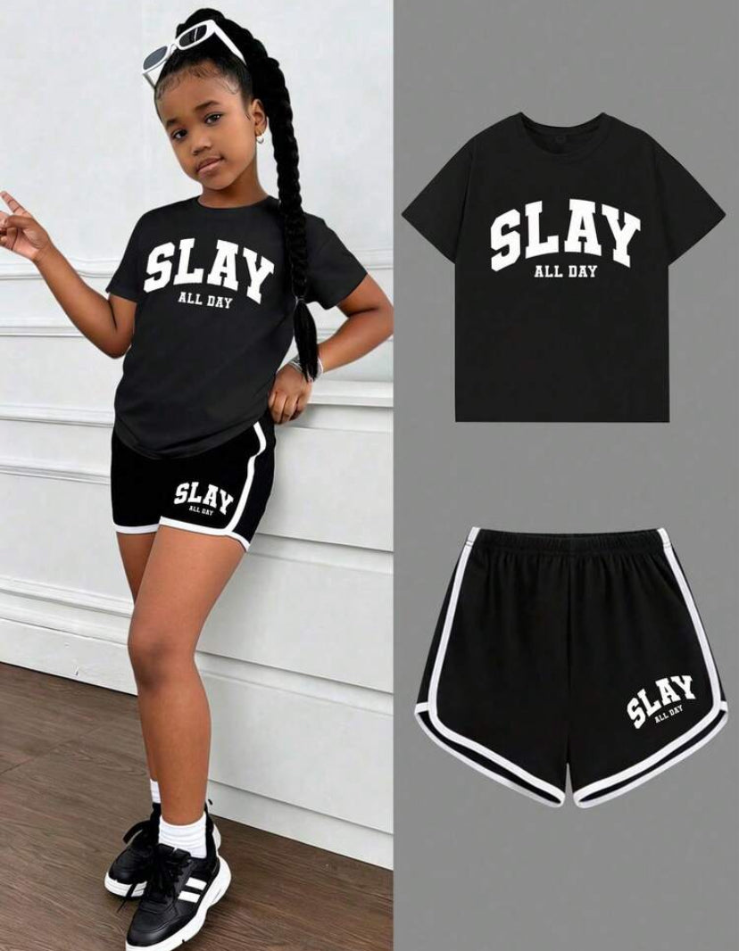 Girls Letter Print Round Neck Short Sleeve T-Shirt And Shorts Casual Outfit