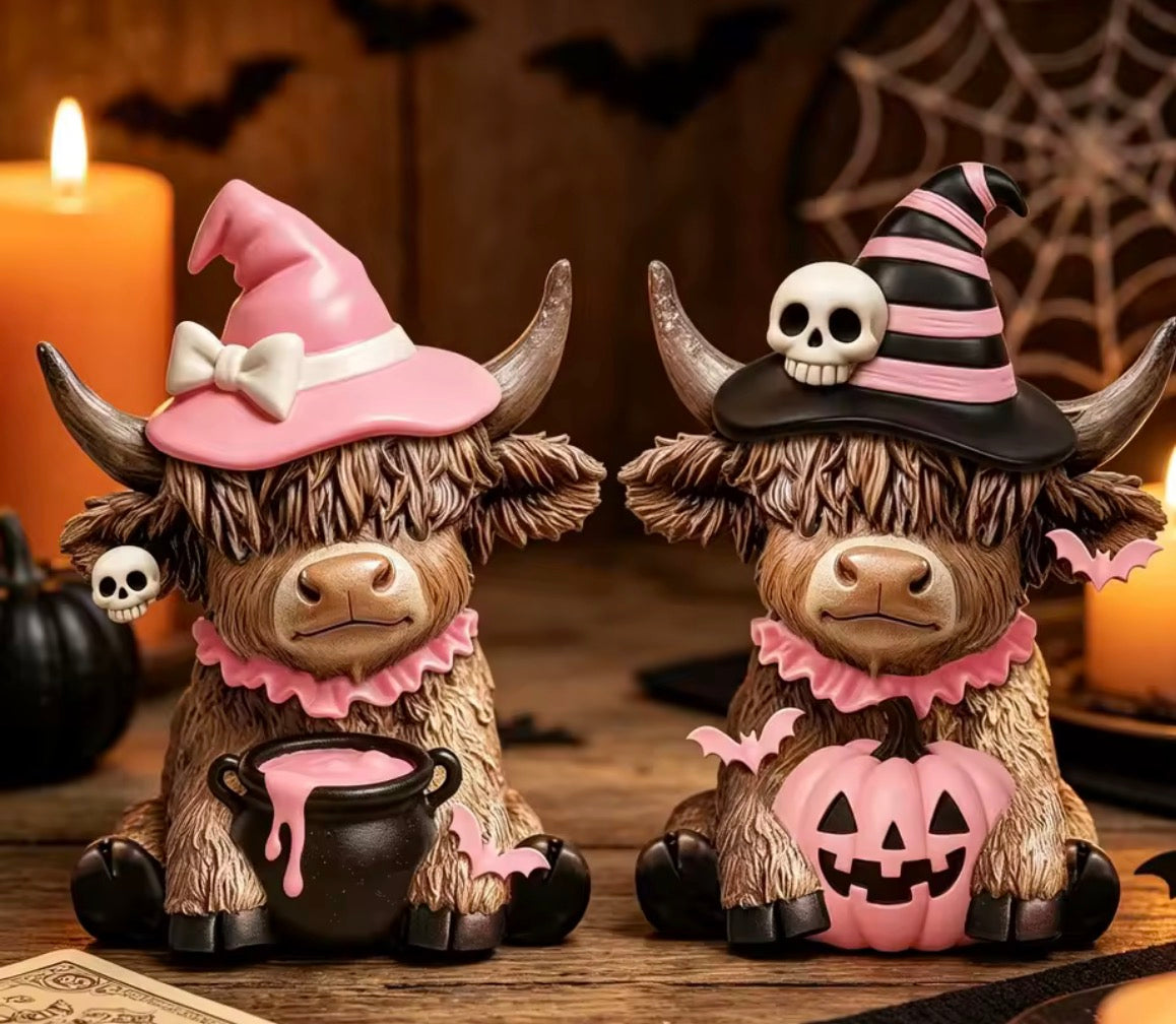 2-Piece Set, Pumpkin Highland Cow Figurines