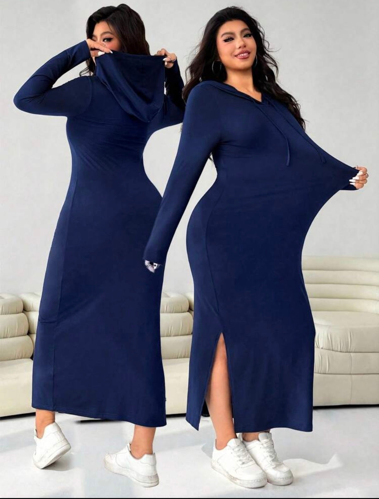 Women Casual Drawstring Hooded Split Hem Dress