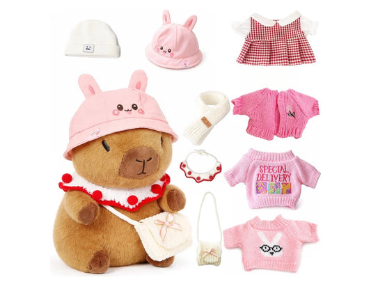 10.2" Brown Capybara Plush Toy with 9 Clothes and Accessories Super Soft Capybara Stuffed Animal for Kids Girls Boys (Pink Capybara)