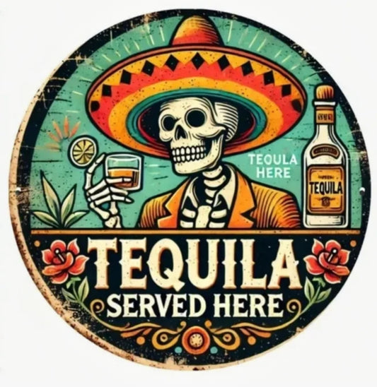 Tequila Sign Round Metal Wall Art - Skull & Sombrero, Vintage Decor - Waterproof