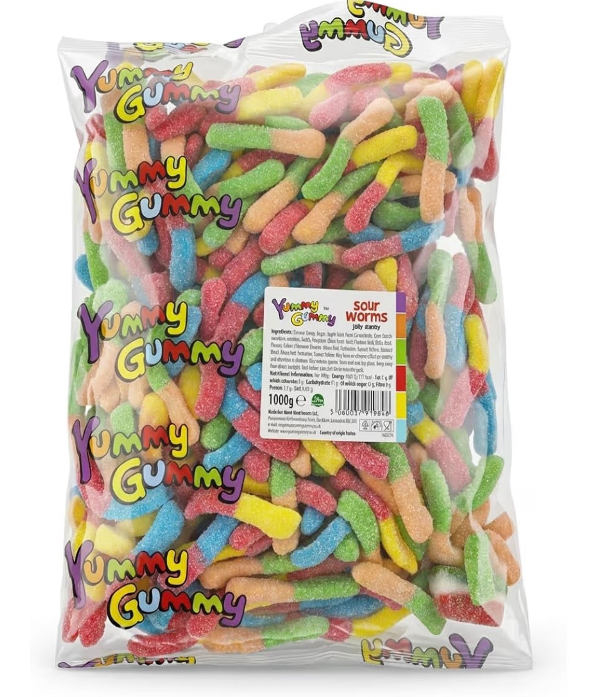Yummy Gummy Neon Sour Worms 1kg Bulk Bag, Tangy Gummy Candy | Fizzy Fruit Flavours