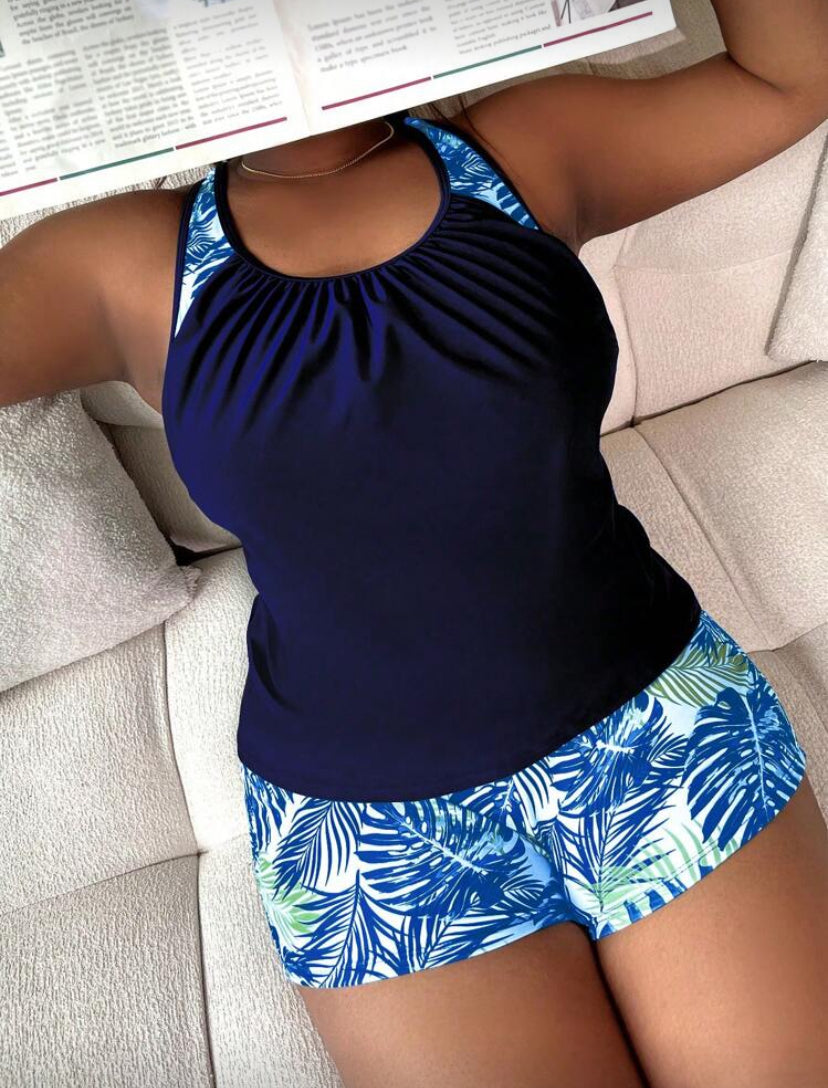 Swim Lushoire Plus Size Women Random Print Tankini Top And Shorts 2 Pieces Swimsuit Set