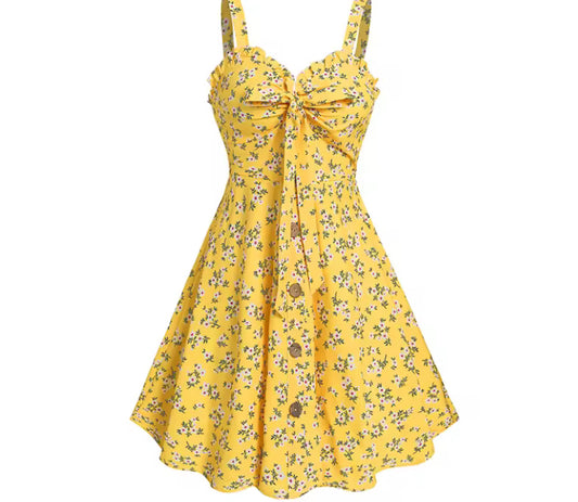 Dressfo Women's Dress Allover Floral Pattern Ruffle Bowknot Empire Waist Vacation Dress