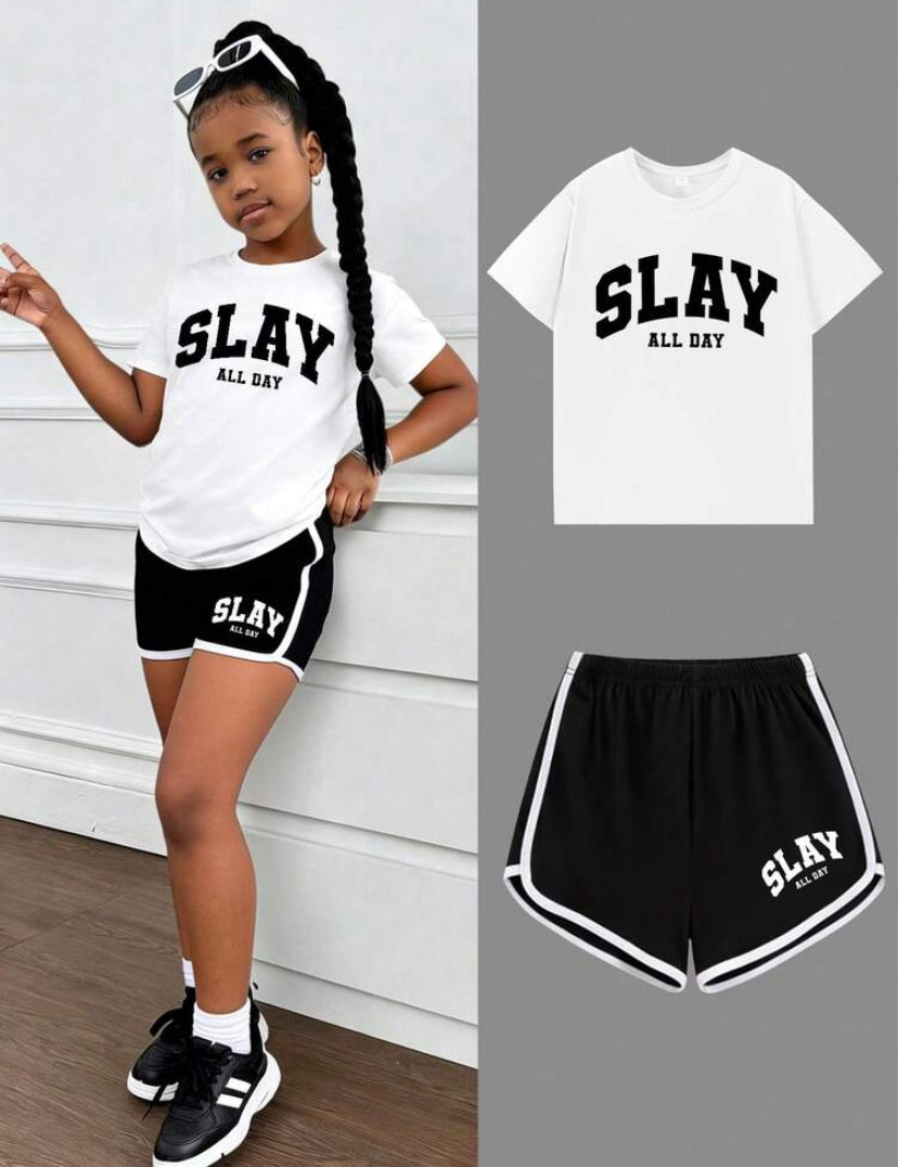 Girls Letter Print Round Neck Short Sleeve T-Shirt And Shorts Casual Outfit