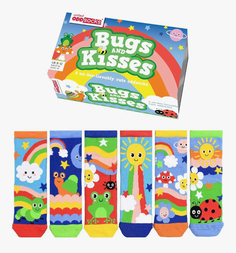 United Oddsocks Bugs & Kisses Gift Box for Kids – 6 Mismatched Nature-Themed Socks – 15 Mix & Match Combos – UK 9–12, US 9.5–13, EU 27–30 – Rainbow, Frog, Ladybird Socks – Cotton Rich Cute Style
