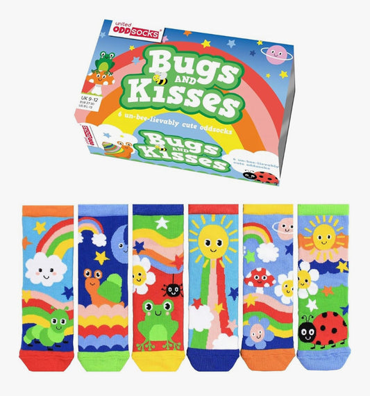 United Oddsocks Bugs & Kisses Gift Box for Kids – 6 Mismatched Nature-Themed Socks – 15 Mix & Match Combos – UK 9–12, US 9.5–13, EU 27–30 – Rainbow, Frog, Ladybird Socks – Cotton Rich Cute Style