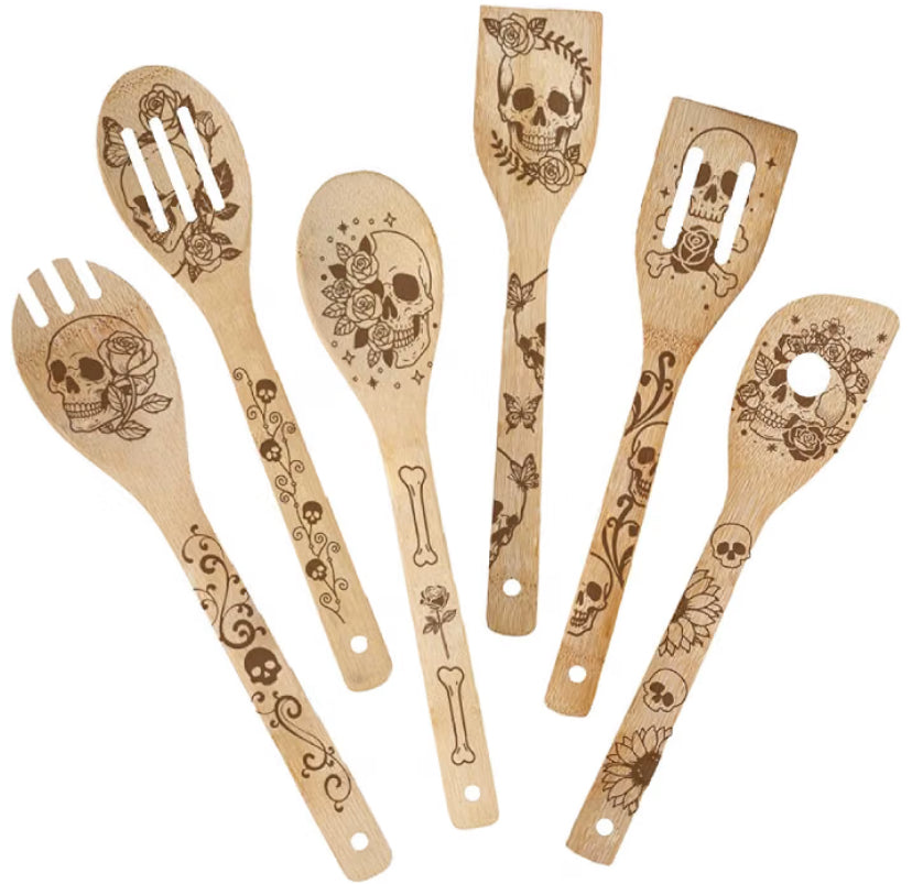 6Pcs 6 Styles Skull Cooking Utensils Bamboo Kitchen Spoons