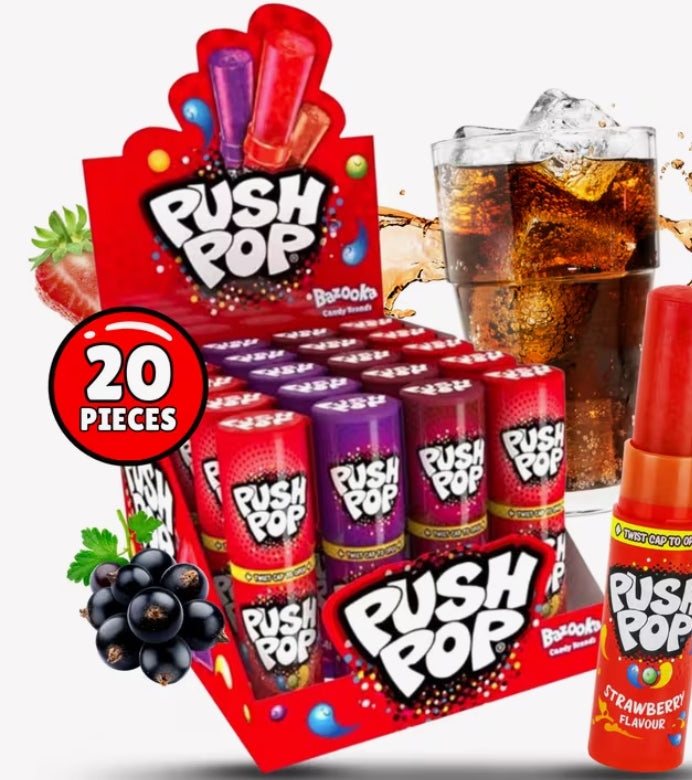 Bazooka Push Pop Fruity Lollipops 20 Pack | Interactive Slide-Up Hard Candy Suckers - Retro Assorted Fruit Flavours Bulk Case