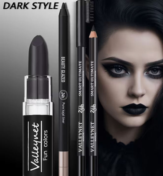 A Set of 3pcs Featuring a Dark Makeup Collection, Including Matte Black Lipstick And Lip Liner, Along with a Long-Lasting Waterproof Eyeliner And Black Smoky Eyeshadow