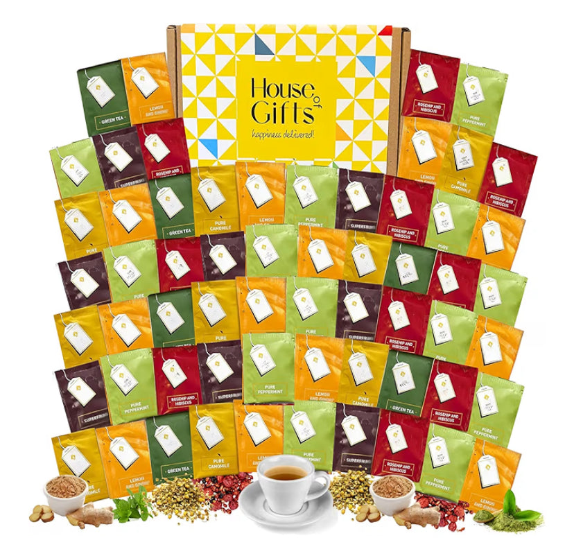 Herbal Tea Gift Set Hamper Selection | 60 Individually Wrapped Herbal Tea Bags | 6 Flavours inc Rosehip & Hibiscus, Super Fruit, Peppermint, Lemon & Ginger, Green Tea, Camomile