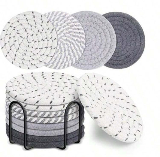 [100% Linen] 8pcs Woven Drink Coasters, Round Absorbent Beverage Cup Mats, Handmade Fabric Coasters, Absorbent Coaster Set With Tray, Bohemian Stvle