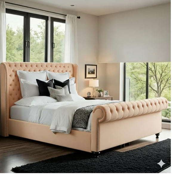Loxly Chesterfield Royal Sleigh Bed Frame, Plush Velvet Upholstery, with Mattress/Gas Lift Option, UK Made