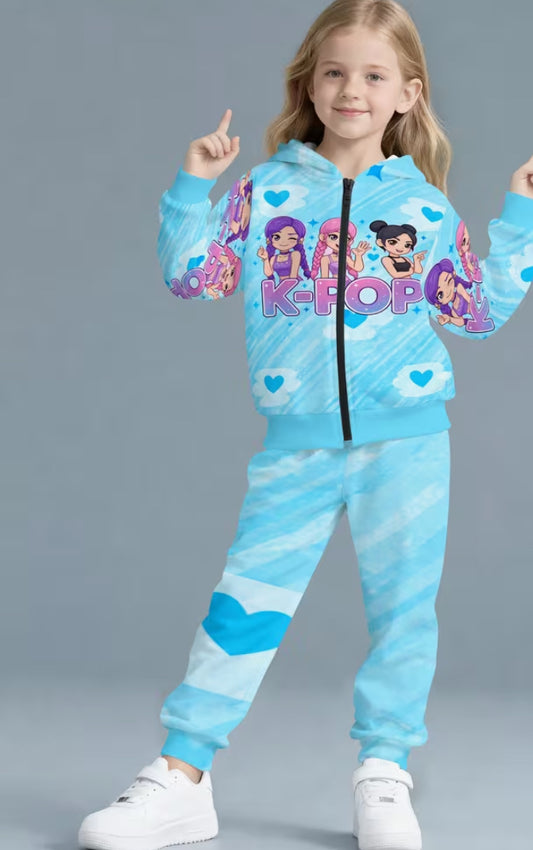 Girl Pink Sweet Girl KPOP Hoodie Set Cartoon Girl Group Printed Zipper Hoodie+Gradient Pants 2pcs Set, Perfect for Outdoor