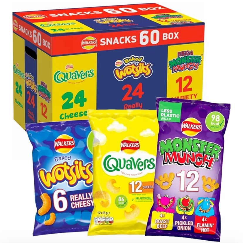Walkers Crisps Variety Snack Multipack Box, Quavers, Wotsits, Monster Munch Variety, 60 Pack
