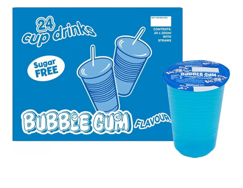 Sugar Free Big Time Flavoured Cup Drinks 24 x 200ml, Assorted Fruit Flavours, Kids Juice Cups with Paper Straws, School Lunch & Picnic Drinks, Ready to Drink (Bubblegum)