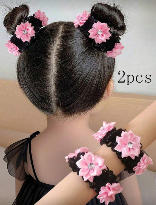 2 Girls Cute Bun Hair Scrunchies, Rhinestone Flower & Fruit Decor Hair Ties, Cartoon Hair Accessories, Suitable For Daily Wear Or Vacation, Christmas Gift For Kids