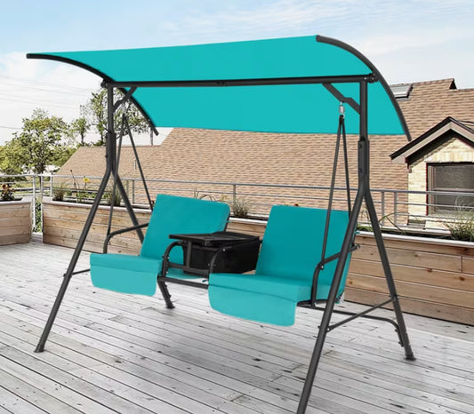 2 Seat Outdoor Patio Swing Chair, Adjustable Tilt Canopy Swing with Cooler, 360° Rotatable Tray, Cup Holders, 2-Person Sunshade Swing