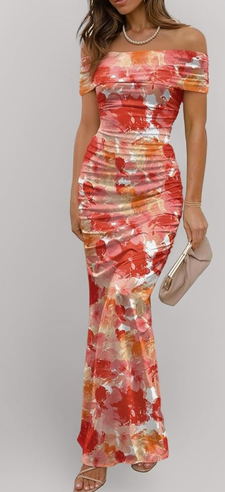 Women's Mesh Floral Maxi Dress. Summer Off The Shoulder Ruched Bodycon Long Cocktail Party Fitted Dresses