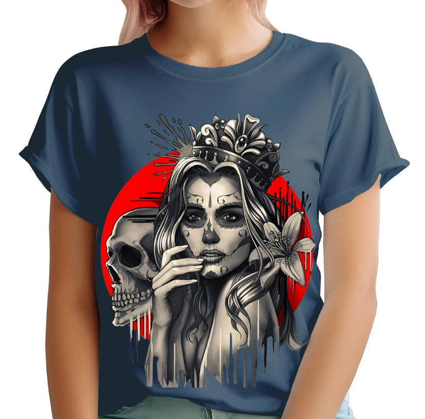Gothic Skull Queen Day Of Dead T-Shirt Artistic Floral for Women