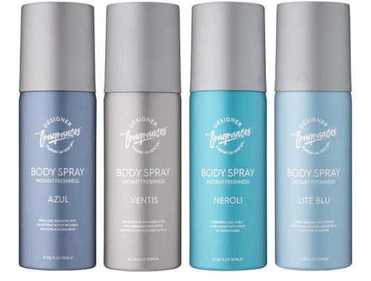 Designer Fragrances 4 Pack Mixed Bundle Men's Body Spray Deodorant Cans - For Instant Freshness on The Go - Long Lasting Smell - Great Male Gift Sets - 150ml