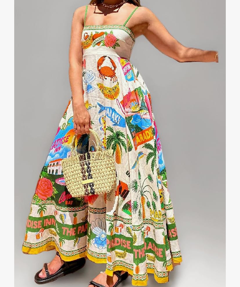 Women Summer Spaghetti Strap Boho Long Maxi Dress Ethnic Snake Print Casual Sleeveless Maxi Cami Dress