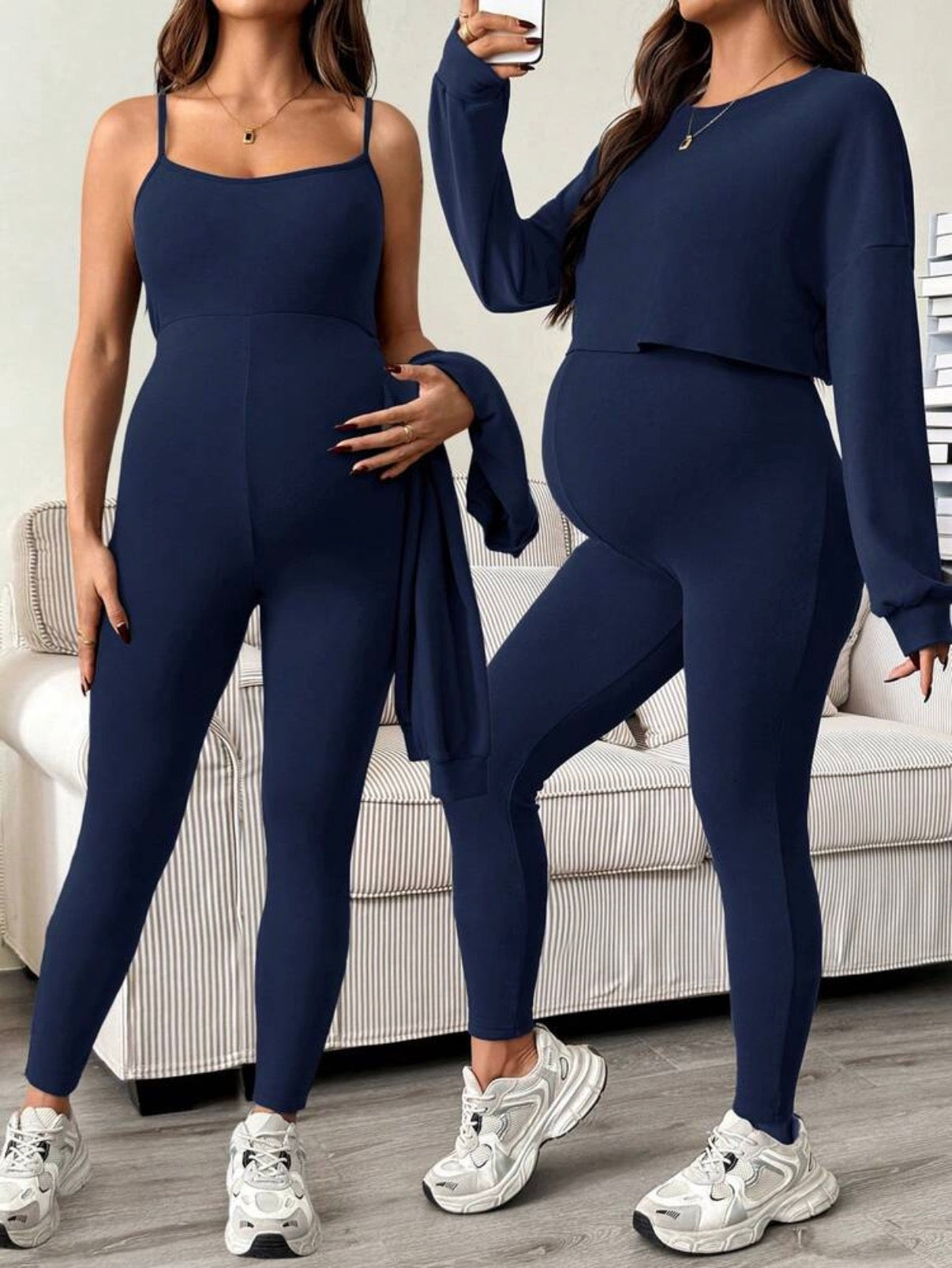 2pcs/Set Maternity Solid Color Drop Shoulder Long Sleeve T-Shirt And Jumpsuit Casual Outfit