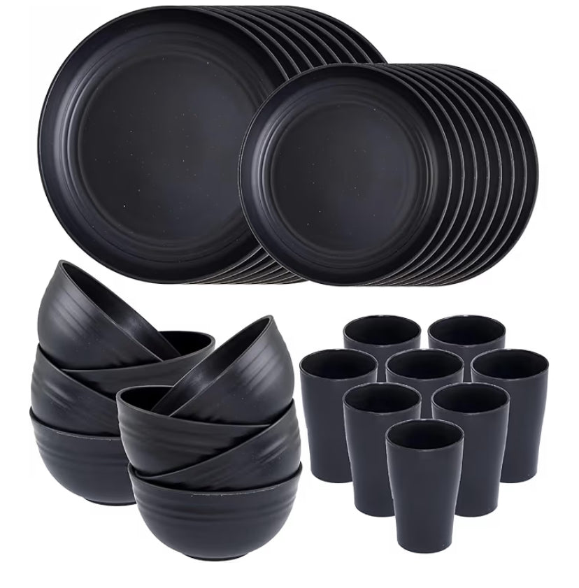 KAHEIGN 32Pcs Unbreakable Black Plastic Dinnerware Set, 8 Sets of 25cm Dinner Plates, 20cm Salad Plates, 720ml Bowls, 360ml Cups - Microwave & Dishwasher Safe