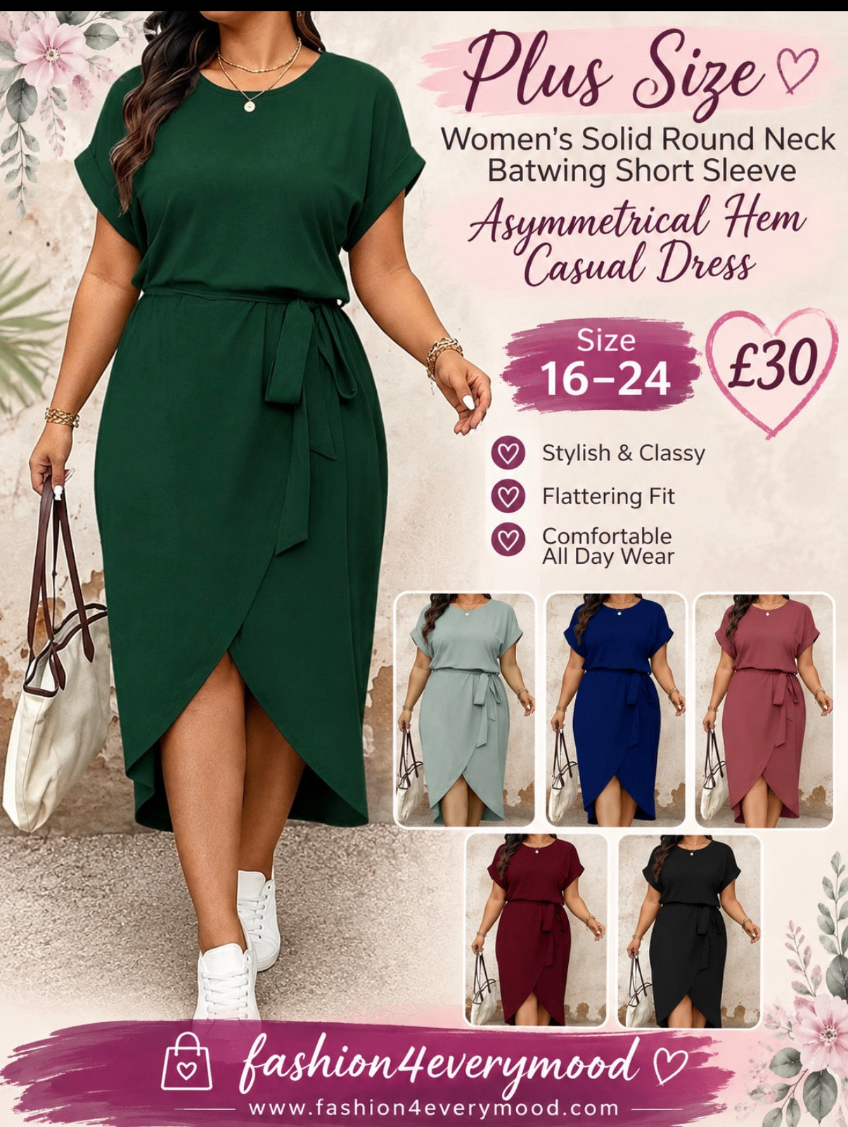 Women's Solid Round Neck Batwing Short Sleeve Asymmetrical Hem Casual dress