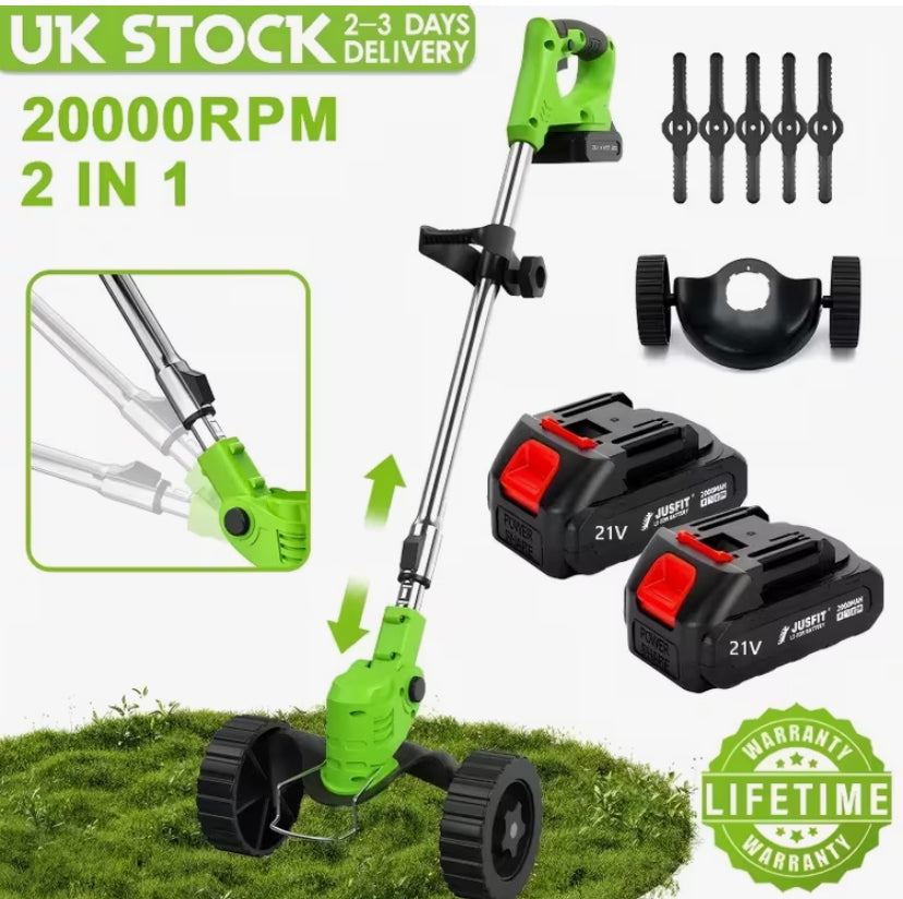 Cordless Electric Lawnmower from The UK, 2-In-1 Garden Trimmer, Suitable for Lawns, Includes 2 Batteries,Model with Wheels