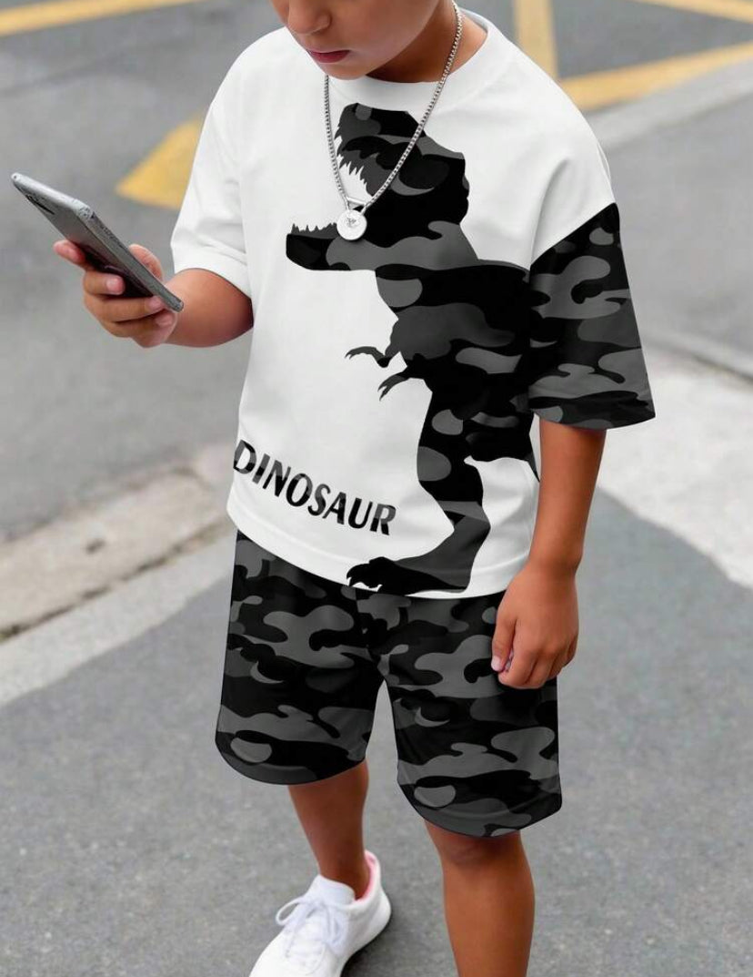 2pcs/Set Young Boy Casual Dinosaur Print Graffiti Handpainted T-Shirt And Shorts Set