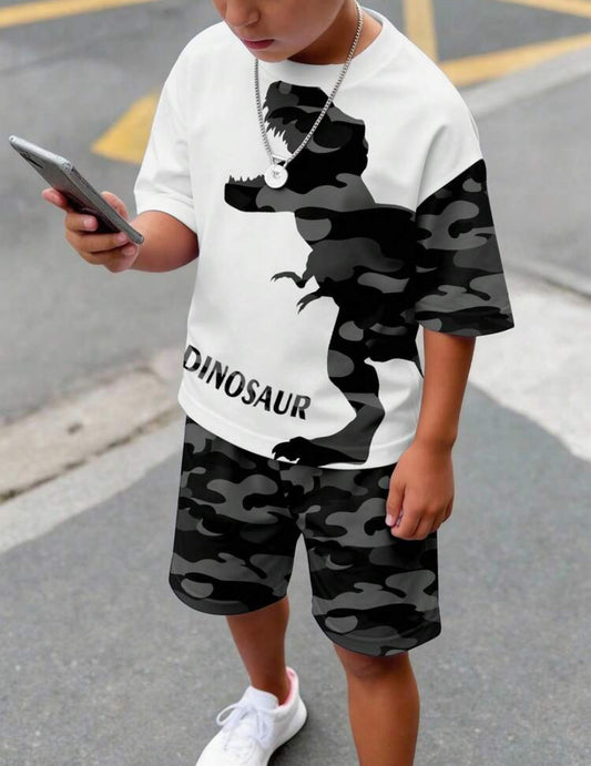 2pcs/Set Young Boy Casual Dinosaur Print Graffiti Handpainted T-Shirt And Shorts Set