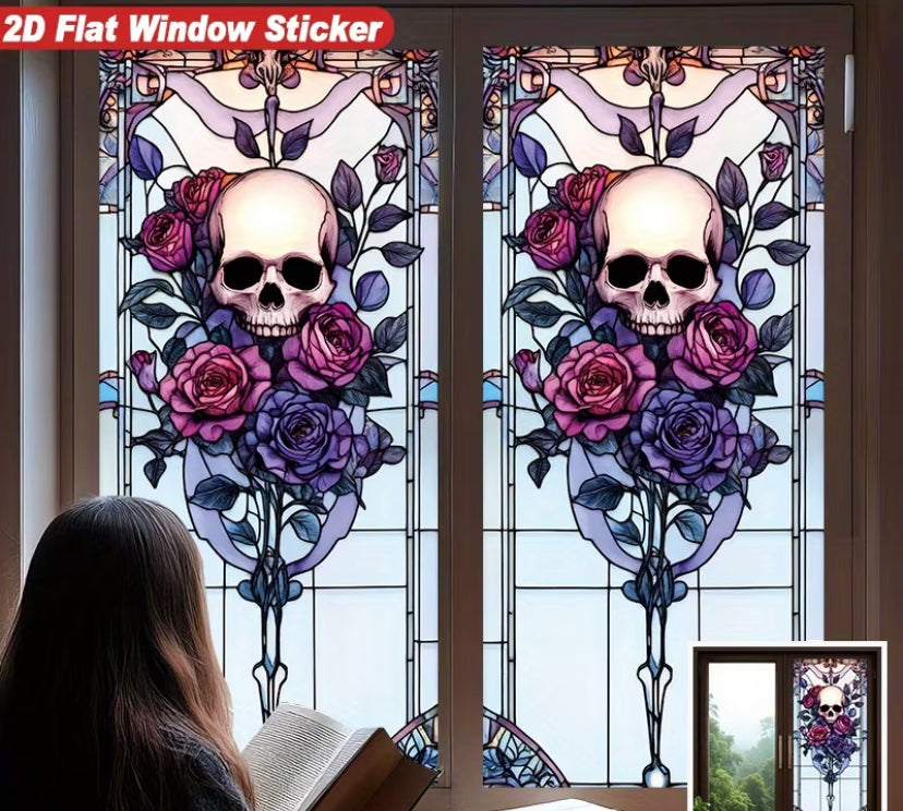 Window Privacy Film Featuring a Transparent Skull And Green Leaf Design with a Dreamy Dark Aesthetic.